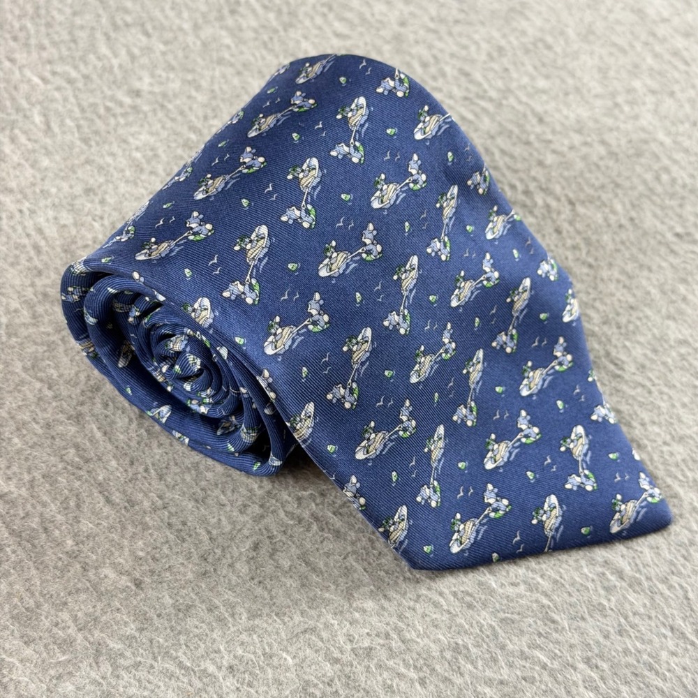 Vintage Salvatore Ferragamo Silk Tie Navy Nautical Animal Motorboat 90s 59x3.6"